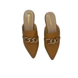Brown Pointed Toe Mules Gold Chain Slip On Flats Chic Minimalist